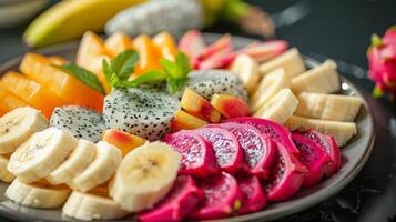 une tropical paradis sur une plat avec juteux litchi sucré tranches de banane et acidulé mord de fruit du dragon photo