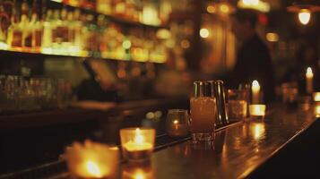 barmans habilement mélanger queues derrière le bar leur mouvements illuminé par le chaud lueur de le bougies. 2d plat dessin animé photo