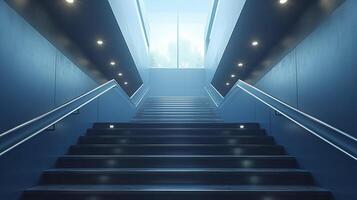une étourdissant vue de une sur mesure escalier orné avec une lisse métal balustrade avec minimaliste conception et tranchant lignes cette créer une moderne et sophistiqué Regardez photo