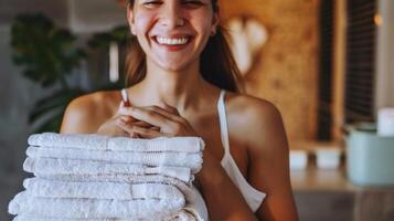 une souriant la personne en portant une empiler de les serviettes et sentiment rafraîchi et rajeuni après une sauna session mettant en valeur le global positif impact sur ceux bien-être par sauna utilisation pour photo