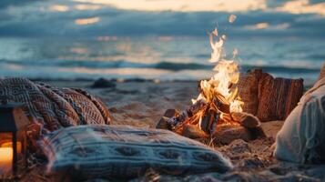 une plage feu entouré par confortable couvertures et oreillers parfait pour grillage guimauves et récit histoires photo