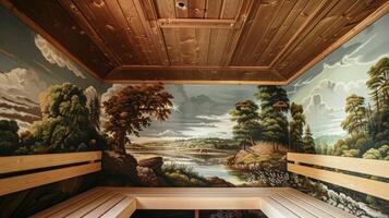 une vue de le sauna pièces plafond orné avec une peint mural de une paisible Naturel paysage. photo