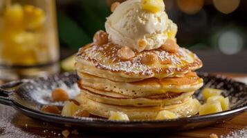 une empiler de duveteux ananas Crêpes surmonté avec une scoop de noix de coco la glace crème et une saupoudrer de macadamia des noisettes photo