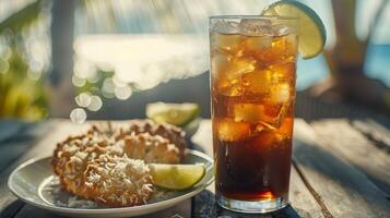 une grand verre de glacé lerass et gingembre thé accompagné par une assiette de piquant citron vert et noix de coco sables biscuits photo