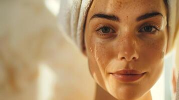 une Jeune femme dans le sauna prise proactif pas à prévenir prématuré vieillissement et maintenir sa jeune apparence. photo