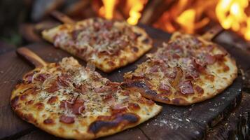 une délicieux combinaison de sucré et sarriette ces feu de camp pizzas fonctionnalité une doux et moelleux galette chargé avec crémeux ricotta fromage enfumé jambon et caramélisé oignons. profiter photo