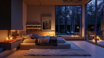 une minimaliste et moderne chambre avec une intégré cheminée et Pizza four création une confortable et romantique atmosphère pour une parfait nuit dans. 2d plat dessin animé photo