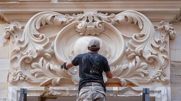 avec extrême attention à détail artisans sont soigneusement réparer et repeindre le fragile rosaces et décoratif motifs de une historique façade photo