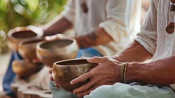 Hommes sont rassemblement pour une rajeunissant du son thérapie session en utilisant guérison les vibrations à promouvoir relaxation et équilibre à le bien-être battre en retraite photo