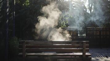le vapeur tourbillonne autour le la personne comme elles ou ils asseoir sur une en bois banc sentiment le chaleur traiter leur pores. photo