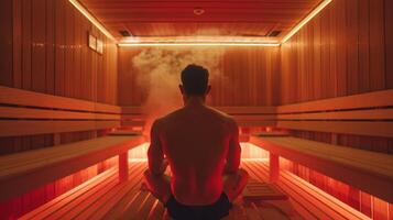 le saunas intense chaleur actes presque comme une chaud étreinte fournir une sens de confort et Sécurité à le stressé individuel. photo