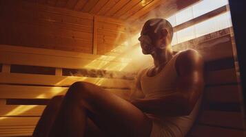 un athlète est assis dans une sauna en utilisant le chaleur à aide dans muscle récupération après une longue journée de entraînement. photo