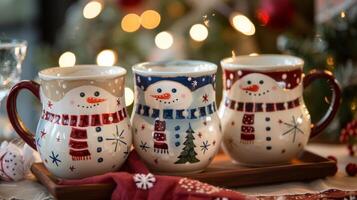 une ensemble de quatre peinte à la main des tasses orné avec images de gai bonhommes de neige et lingue étoiles idéal pour sirotant chaud cacao sur Noël Matin. photo