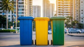 coloré recycler bacs pour déchets séparation sur ville trottoir photo