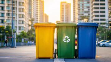 coloré recycler bacs pour déchets séparation sur ville trottoir photo