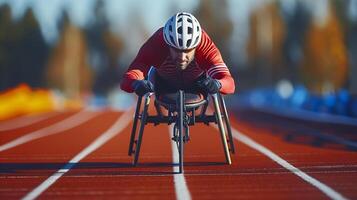 paralympique athlète dans fauteuil roulant courses compétition photo