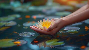mains berceau une lotus fleur dans tranquille l'eau photo