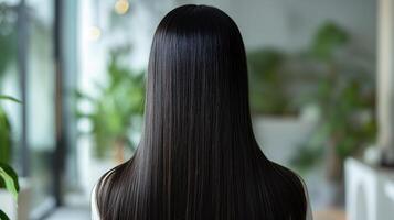 femme avec longue tout droit cheveux orienté vers une façon dans décontractée tenue photo