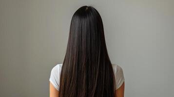 femme avec longue tout droit cheveux orienté vers une façon dans décontractée tenue photo