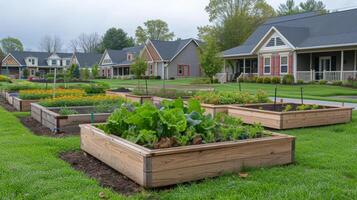 une scénique retraite communauté avec individuel élevé jardin des lits à l'extérieur chaque chalet permettant résidents à personnaliser et tendre à leur posséder jardinage espace photo