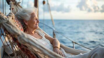 une content retraité se prélasser sur une confortable hamac sur le navires plate-forme entouré par tranquille océan vues et une doux mer brise photo