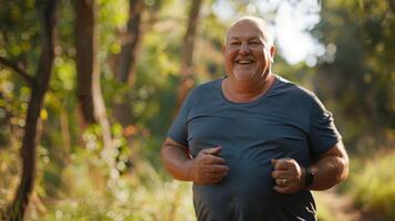 un plus âgée homme avec une rond ventre et une gros sourire sur le sien visage le jogging sur une la nature Piste clairement profiter le mouvement et Frais air photo