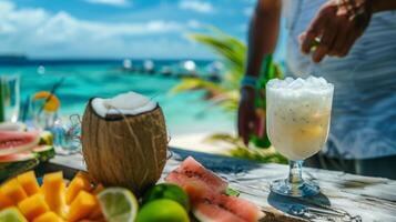 avec une bord de mer bar ensemble en haut proche le hôte démontre Comment à faire une rafraîchissant tropical cocktail en utilisant Frais des fruits et noix de coco l'eau photo