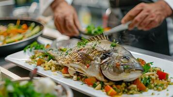 comme le manifestation vient à un fin le cuisinier assiettes le poisson et ses accompagnement côté vaisselle en présentant une l'eau à la bouche propager cette vitrines le Régions le meilleur les saveurs photo