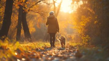 une retraité femme et sa chien en marchant sur une paisible Piste le des arbres bruissement dans le doux brise et le Soleil furtivement par le branches création une serein atmosphère photo