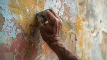 avec une stable main une artisan est soigneusement émouvant en haut délavé peindre sur une historique mural apportant vibrant couleurs retour à une une fois oublié chef-d'oeuvre photo