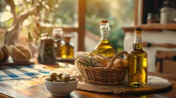 une confortable cuisine table ensemble pour deux avec une panier de chaud pain une bol de biologique Olives et une bouteille de riches fruité biologique graine pétrole photo