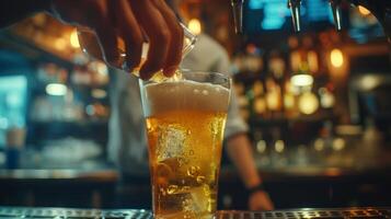 une fermer de une barman verser une rafraîchissant pinte de une croustillant zéroalcool pilsner photo