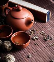 théière asiatique avec des tasses et du thé vert sur l'espace de copie de napperon en bois photo