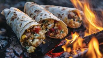 le ultime camping petit déjeuner grésillant chaud petit déjeuner burritos rempli avec tout votre préféré petit déjeuner Ingrédients cuit et servi droite plus de le feu de camp photo