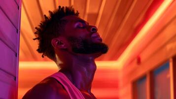 une basketball joueur des stands dans le sauna avec le sien yeux fermé comme le infrarouge chaleur aide à soulager le sien endolori muscles et les articulations. photo