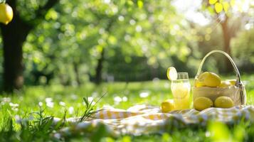 une paisible la nature réglage une couple pique-nique en dessous de une canopée de des arbres comme elles ou ils marque leur relation Étape importante avec fait maison limonade photo