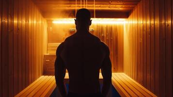 faire un pas dans le sauna le individuel se sent le tension dans leur muscles progressivement fondre loin. photo