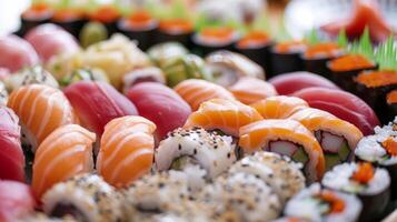 une plat de Sushi Rouleaux avec différent les types de poisson de thon à Saumon à anguille chaque tranche soigneusement p pour maximum saveur photo