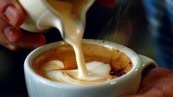 fermer de une homme verser fraîchement mousser Lait dans une tasse de brassée café création une crémeux velouté cappuccino photo