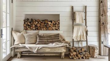 le rustique charme de le moderne ferme est Souligné dans le foyer zone avec une affligé en bois banc une ancien échelle utilisé comme une couverture grille et une empiler de bois de chauffage 2d plat dessin animé photo