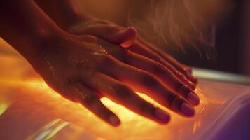une fermer de une élèves mains comme elles ou ils habilement appliquer essentiel huiles à une clients corps pendant un infrarouge sauna session. photo