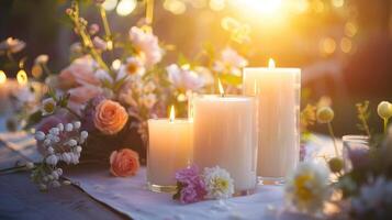 comme le Soleil ensembles le bougies fournir une chaud et confortable ambiance parfait pour un intime rassemblement de fleur passionnés. 2d plat dessin animé photo