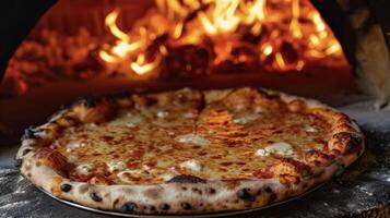 le croustillant de le croûte et le gluant de le fromage sont une rencontre fabriqué dans paradis dans cette au feu de bois Pizza tout droit de le ardent profondeurs de le four photo