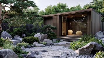 une minimaliste jardin conception avec une simpliste sauna ensemble au milieu de une Roche jardin fournir une calmant et paisible échapper de le bousculer et agitation de tous les jours vie. photo