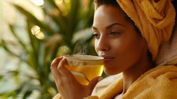 une femme se prélasser dans une peluche peignoir sa cheveux enveloppé dans une chaud chauffé serviette comme elle gorgées sur une tasse de à base de plantes thé pendant une réparatrice cheveux traitement photo