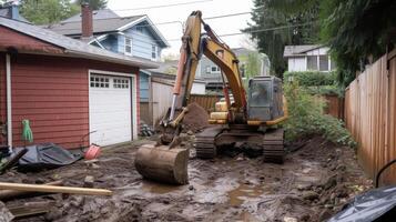 un excavatrice vers le bas un vieux garage fabrication pièce pour une spacieux arrière-cour et étendu vivant zone photo