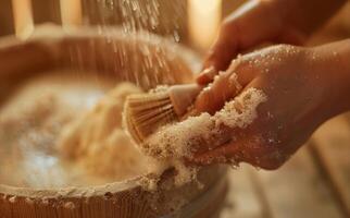 une la personne en utilisant une brosse à doucement exfolier leur peau tandis que dans le sauna. photo