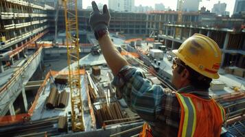 dans le milieu de une occupé construction site une ouvrier guides une grue opérateur avec concentré main signaux à endroit une charge dans une spécifique emplacement photo