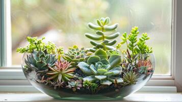 une collection de exotique plantes succulentes arrangé dans une terrarium création une mini désert oasis sur une rebord de fenêtre dans une moderne cuisine photo