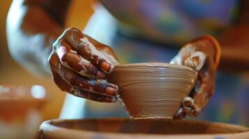 fermer de une élèves mains appliquant délicat finition touche à leur poterie pièce. photo
